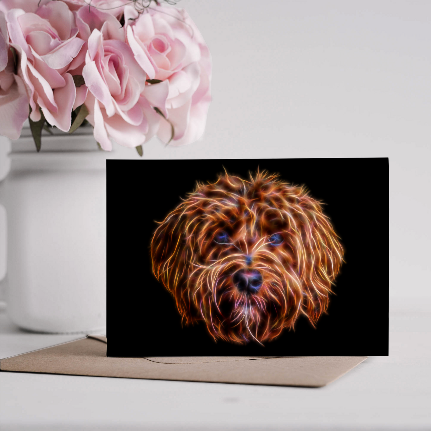 Red Labradoodle Greeting Card with Stunning Fractal Art Design