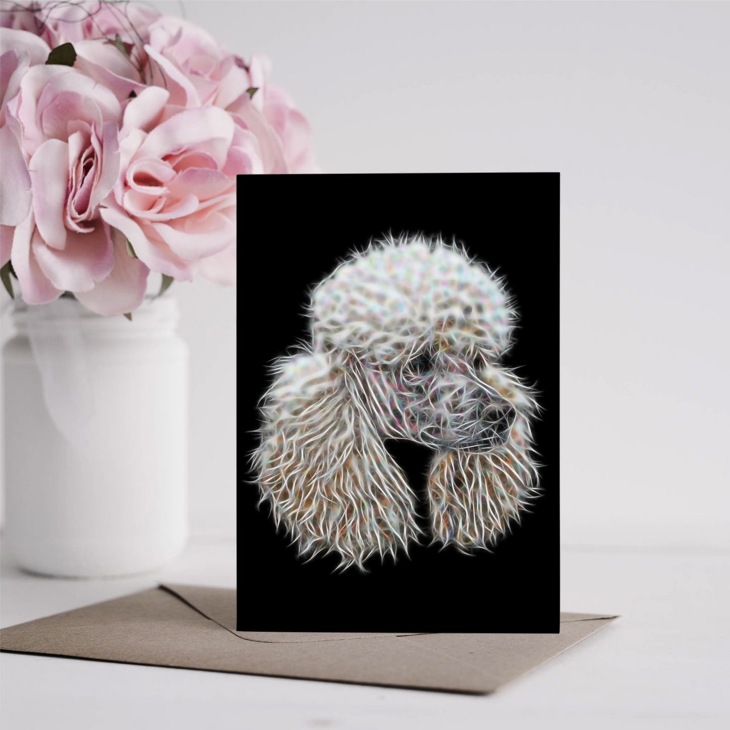 White Poodle Blank Birthday Greeting Card with Stunning Fractal Art Design