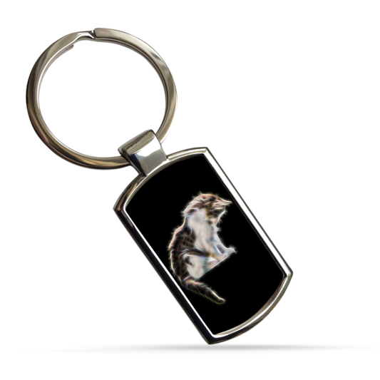 Cat Metal Rectangle Keyring. A Sturdy Metal Keychain with Cat Fractal Art Design.