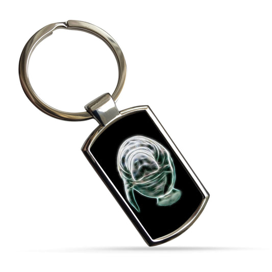 Marine Life Metal Rectangle Keyring. Designs include Dolphin, Jellyfish, Mandarin Dragonet, and Manatee