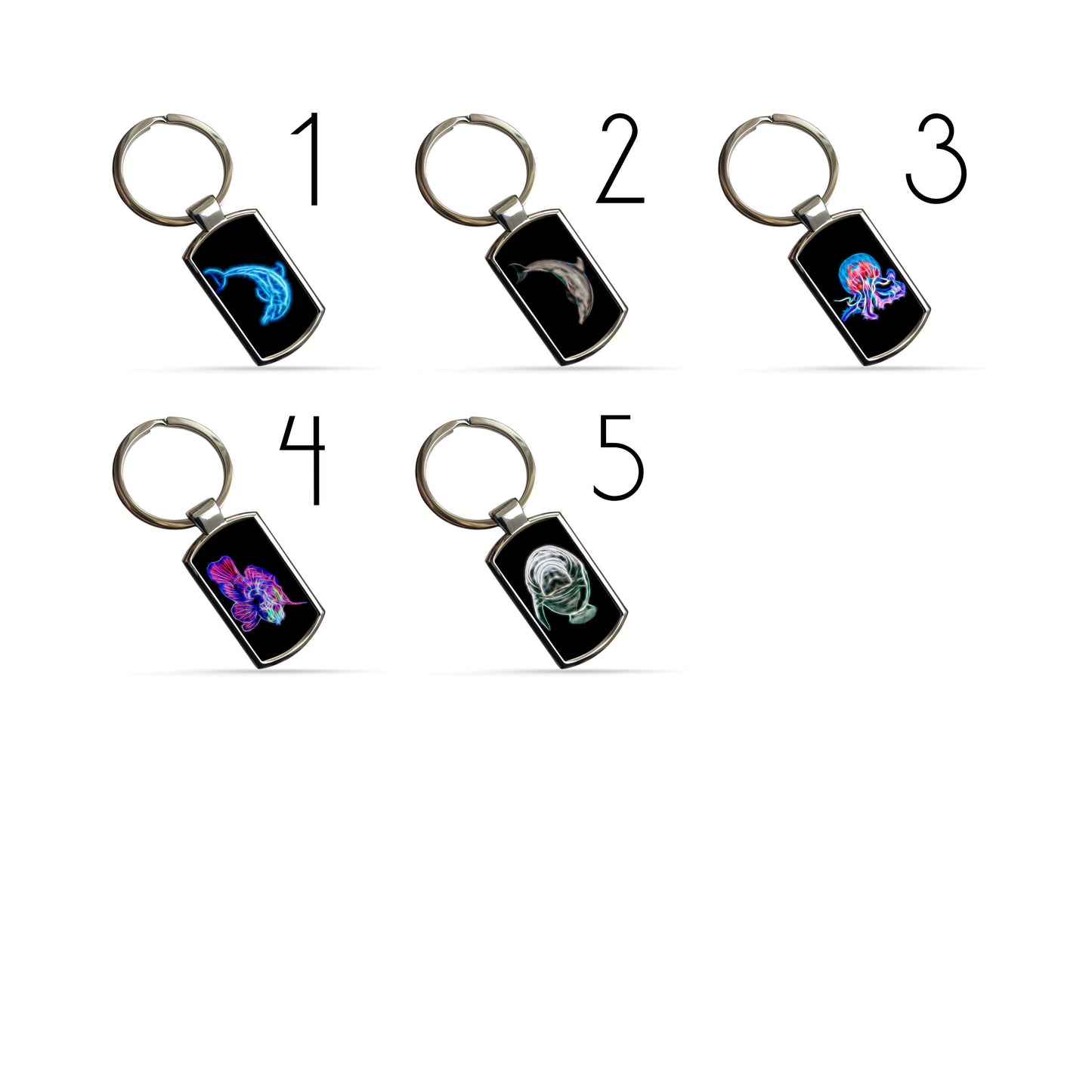 Marine Life Metal Rectangle Keyring. Designs include Dolphin, Jellyfish, Mandarin Dragonet, and Manatee
