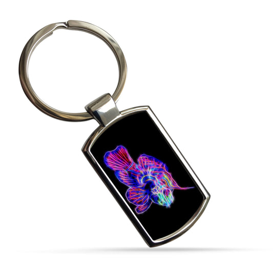 Marine Life Metal Rectangle Keyring. Designs include Dolphin, Jellyfish, Mandarin Dragonet, and Manatee