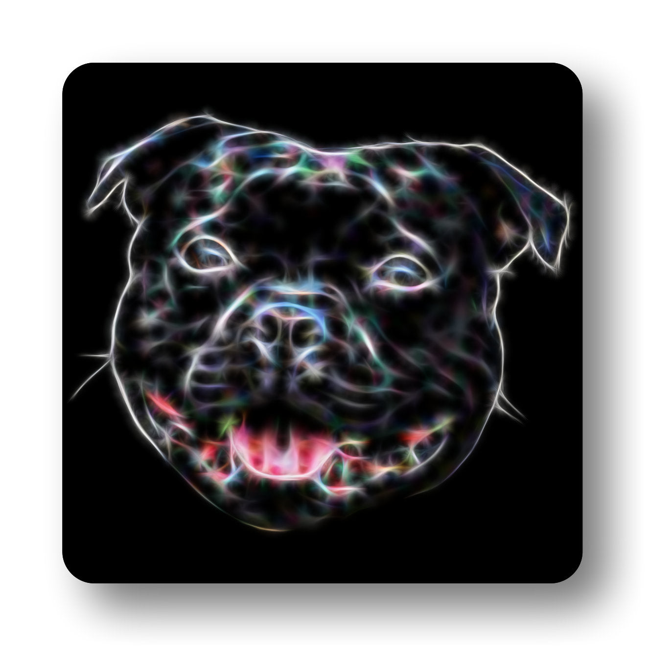Black Staffordshire Bull Terrier Metal Plaque with Fractal Art Design. Also available as Mouse Pad, Keychain or Coaster.