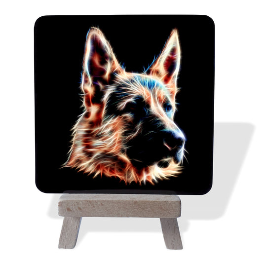 German Shepherd Dog Metal Plaque and Mini Easel with Stunning Fractal Art Design.