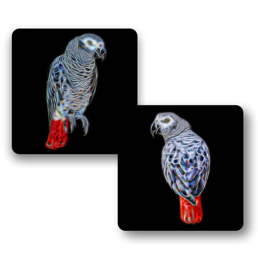 African Grey Parrot Coasters, Set of 2, with Stunning Fractal Art Design.