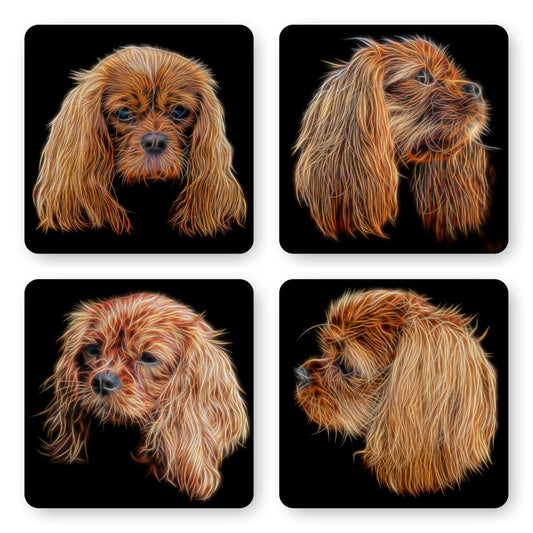 Ruby King Charles Spaniel Coasters, Set of 4, with Fractal Art Design