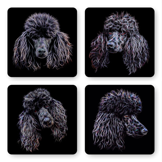 Black Standard Poodle Coasters, Set of 4, with Stunning Fractal Art Design.