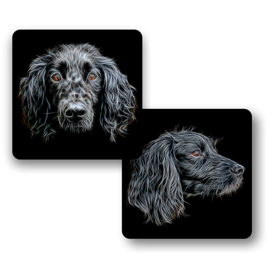 Black Working Cocker Spaniel Coasters, Set of 2, with Stunning Fractal Art Design.