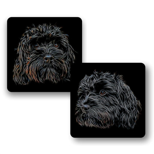 Black Cavapoo Coasters, Set of 2, with Stunning Fractal Art Design.
