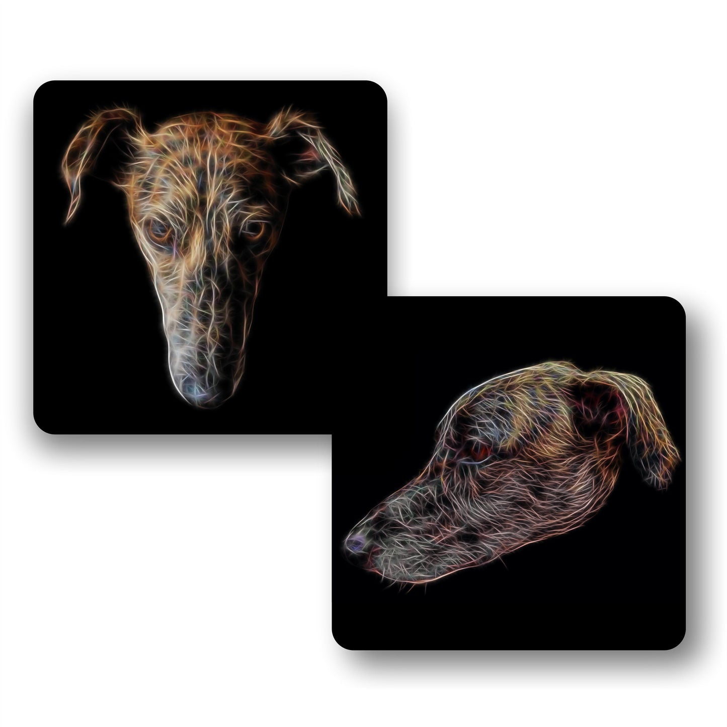 Brindle Lurcher Coasters, Set of 2, with Stunning Fractal Art Design.