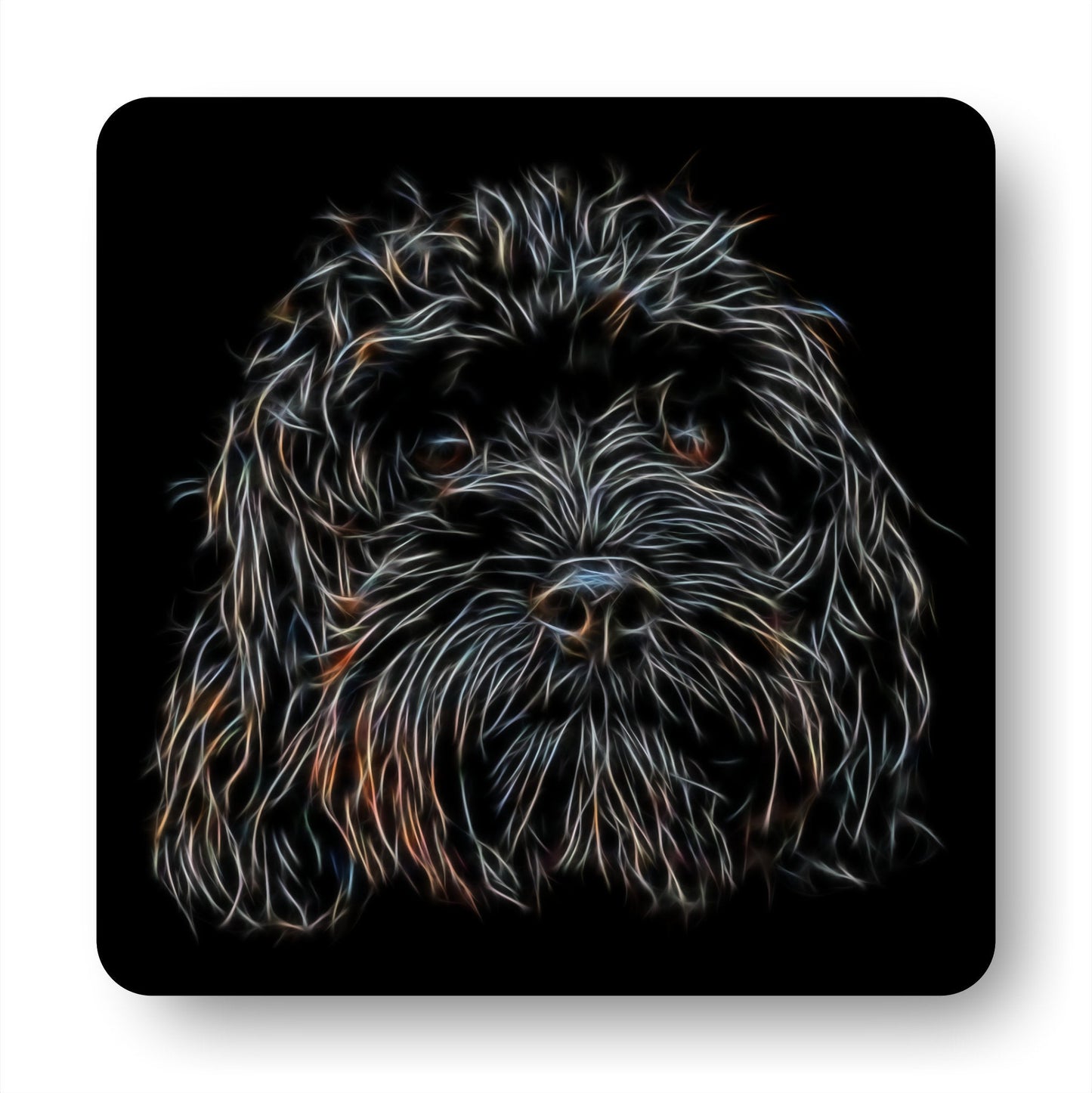 Black Cavapoo Coasters, Set of 2, with Stunning Fractal Art Design.