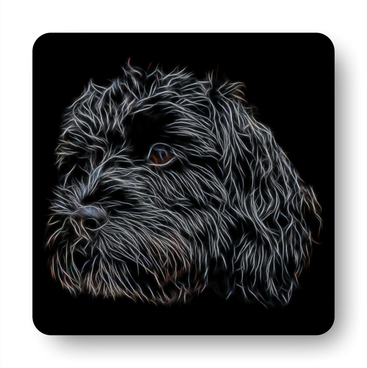 Black Cavapoo Coasters, Set of 2, with Stunning Fractal Art Design.
