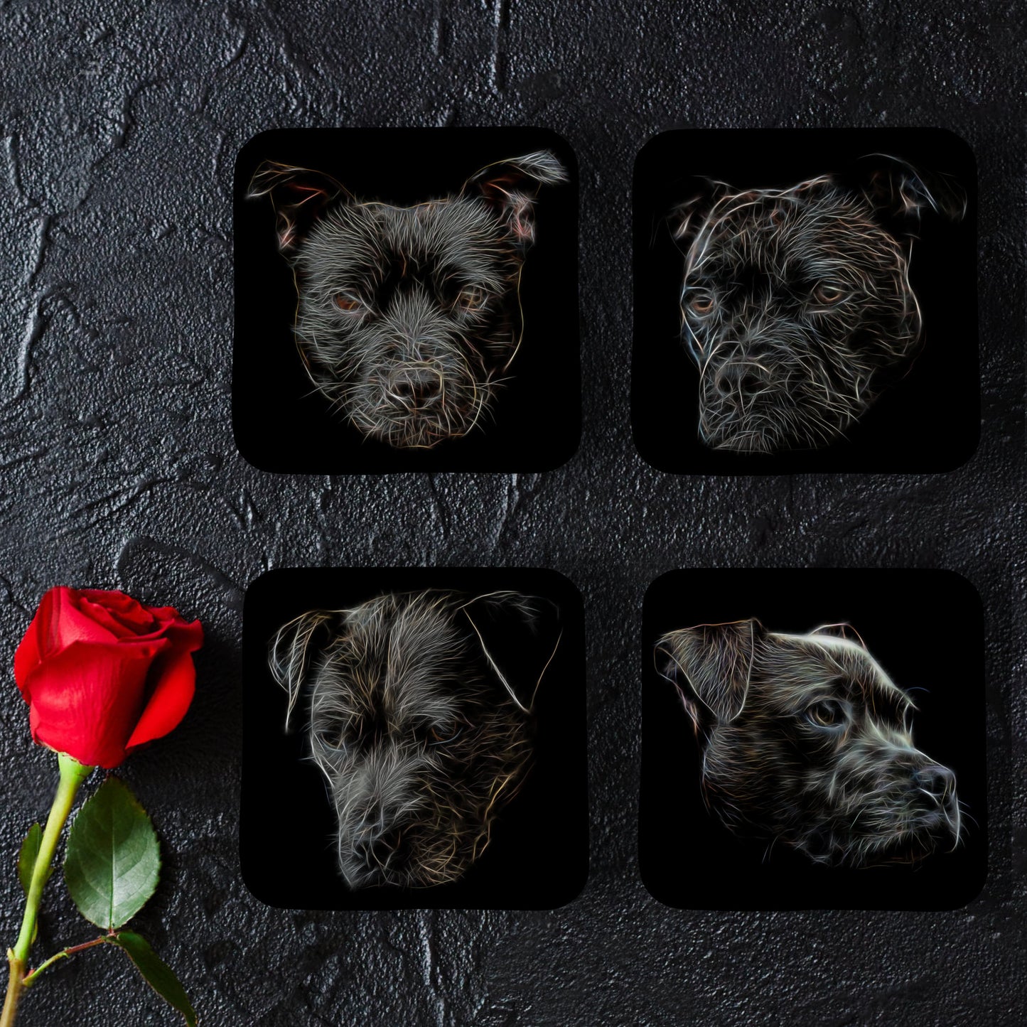 Black Staffordshire Bull Terrier Coasters, Set of 4, with Stunning Fractal Art Design. Perfect Dog Owner Gift.