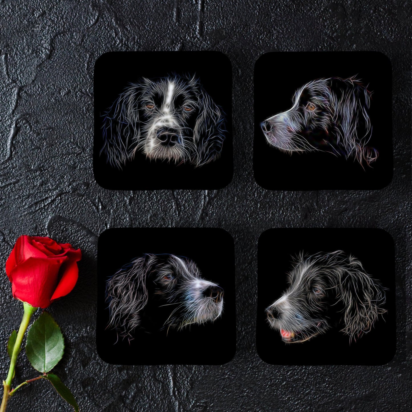 Sprollie Coasters, Set of 4, with Stunning Fractal Art Design. Perfect Dog Owner Gift.