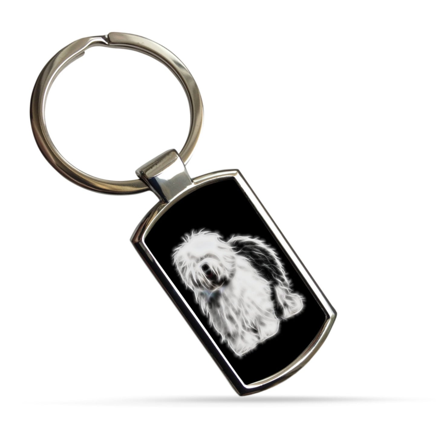 Old English Sheepdog Keychain, Keyring, Bagtag with Stunning Fractal Art Design. A Perfect Gift for Dog Lover.