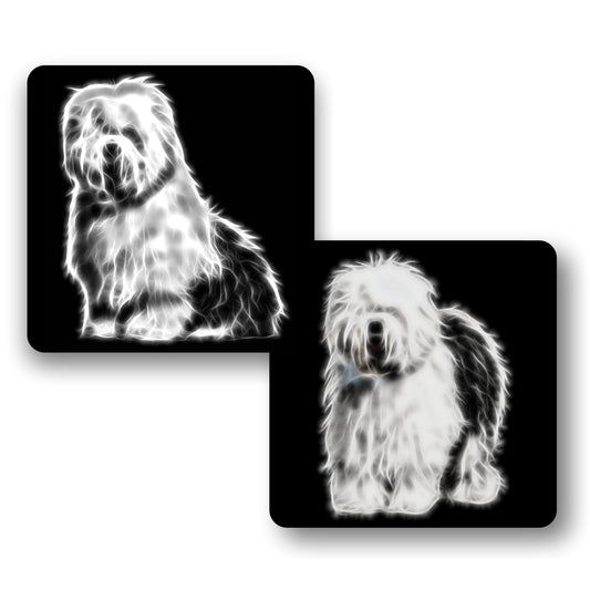 Old English Sheepdog Coasters, Set of 2, with Stunning Fractal Art Design.