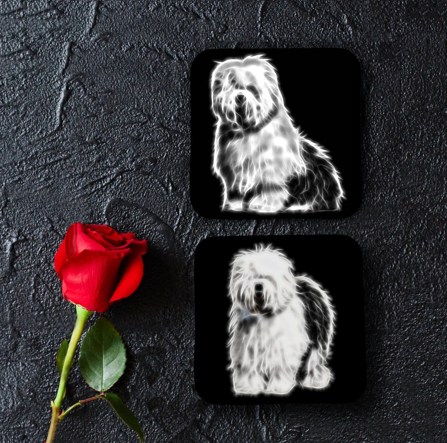 Old English Sheepdog Coasters, Set of 2, with Stunning Fractal Art Design.