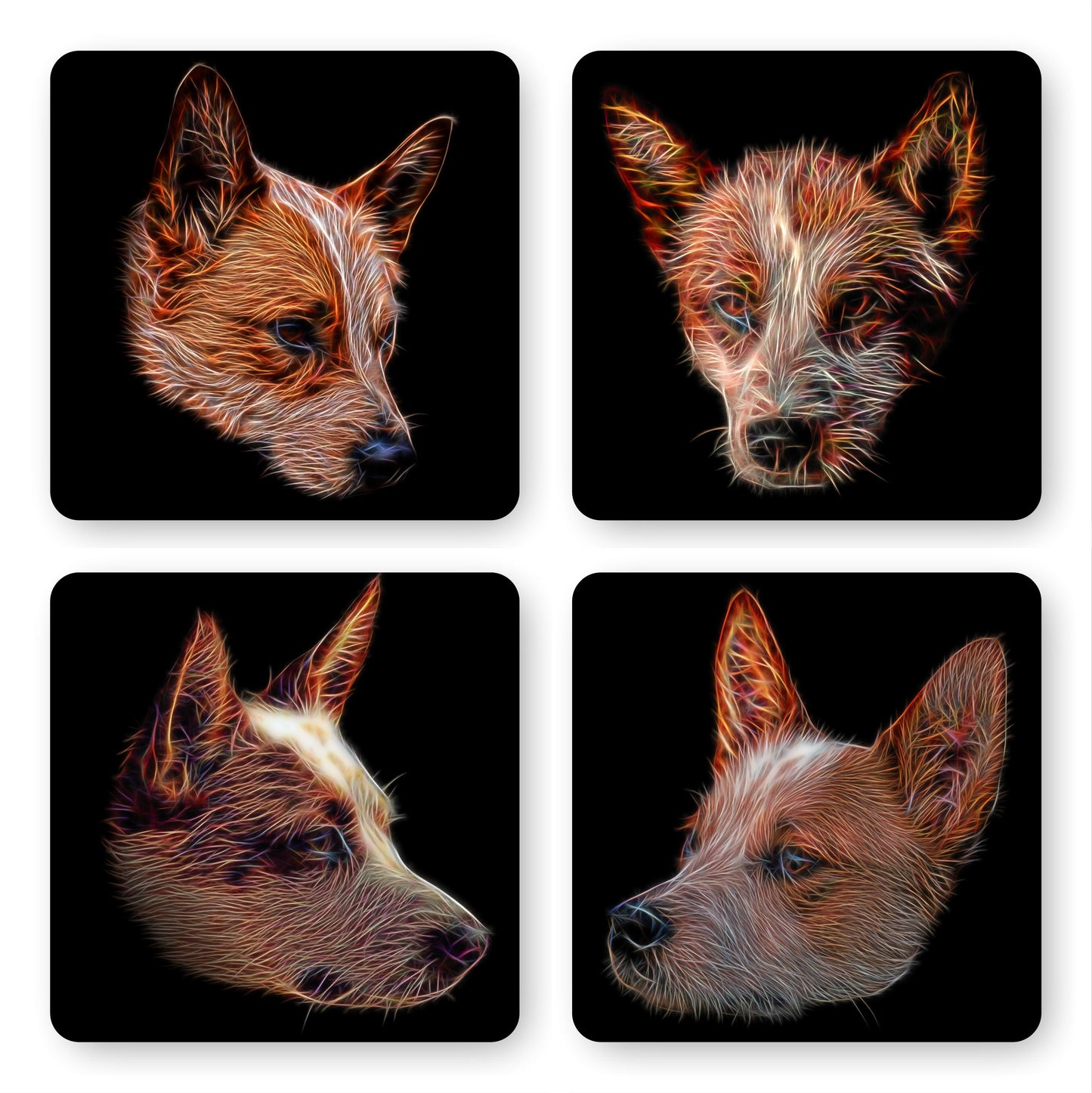 Australian Cattle Dog - Red Heeler Coasters, Set of 4, with Stunning Fractal Art Design, Red Heeler Owner Gift