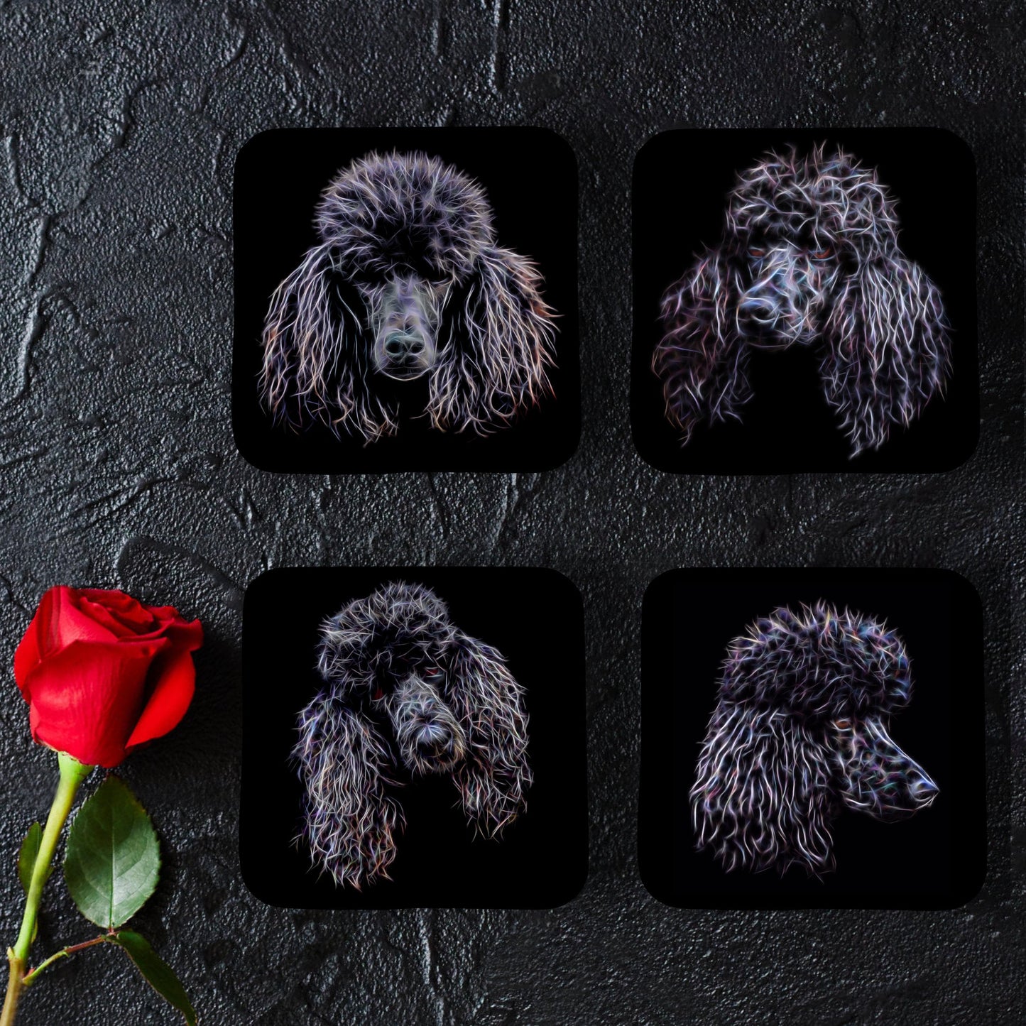 Black Standard Poodle Coasters, Set of 4, with Stunning Fractal Art Design.