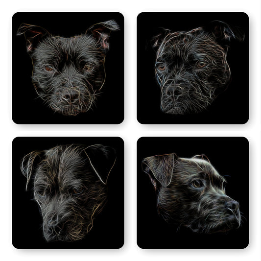 Black Staffordshire Bull Terrier Coasters, Set of 4, with Stunning Fractal Art Design. Perfect Dog Owner Gift.