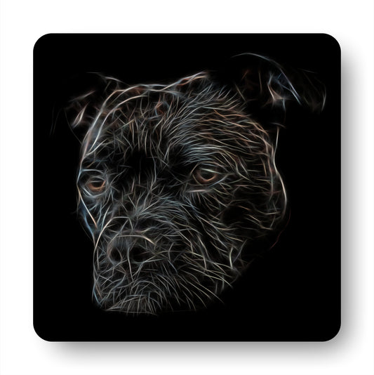 Black Staffordshire Bull Terrier Coasters, Set of 4, with Stunning Fractal Art Design. Perfect Dog Owner Gift.