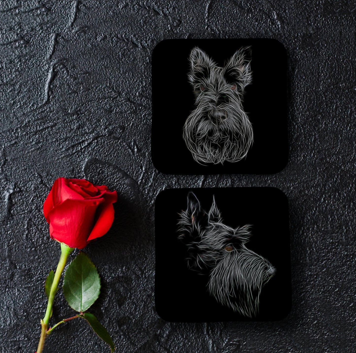 Scottish Terrier Coasters, Set of 2, with Stunning Fractal Art Design.