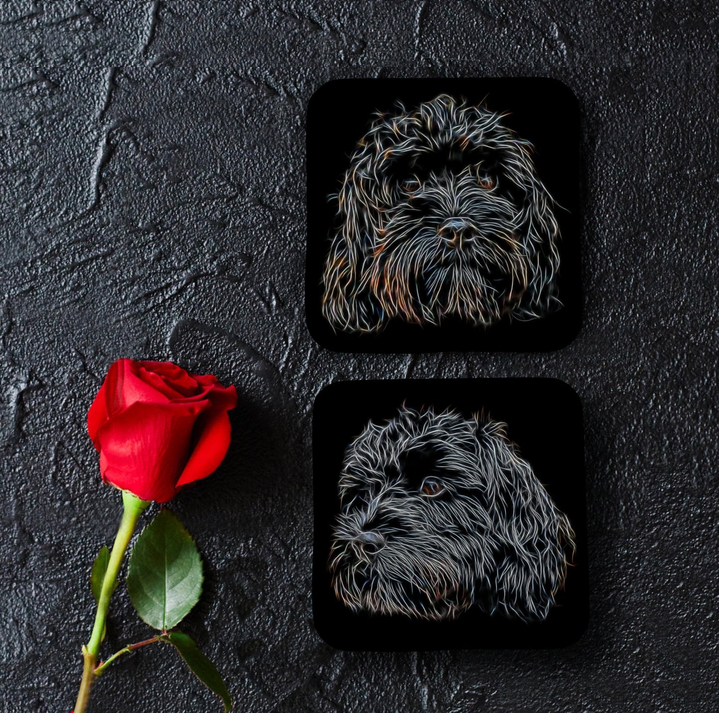 Black Cavapoo Coasters, Set of 2, with Stunning Fractal Art Design.