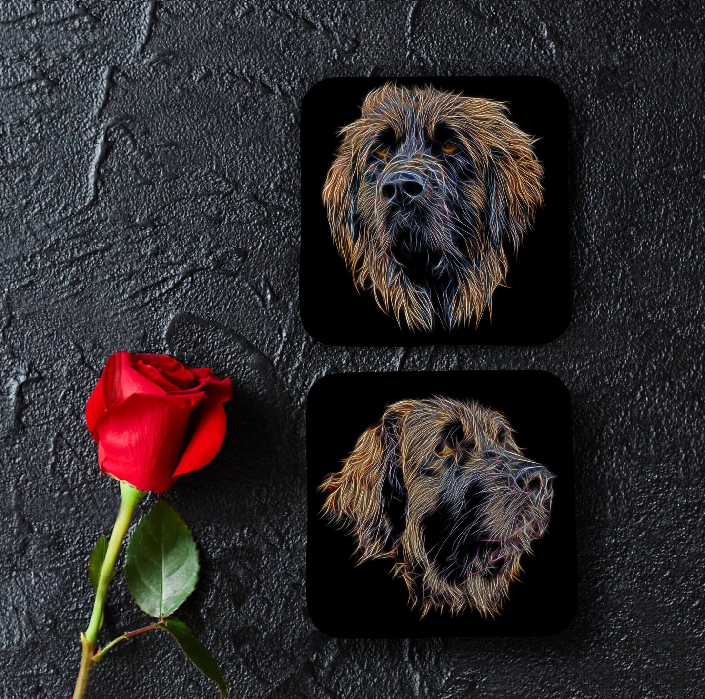 Leonberger Coaster Set with Stunning Fractal Art Design.