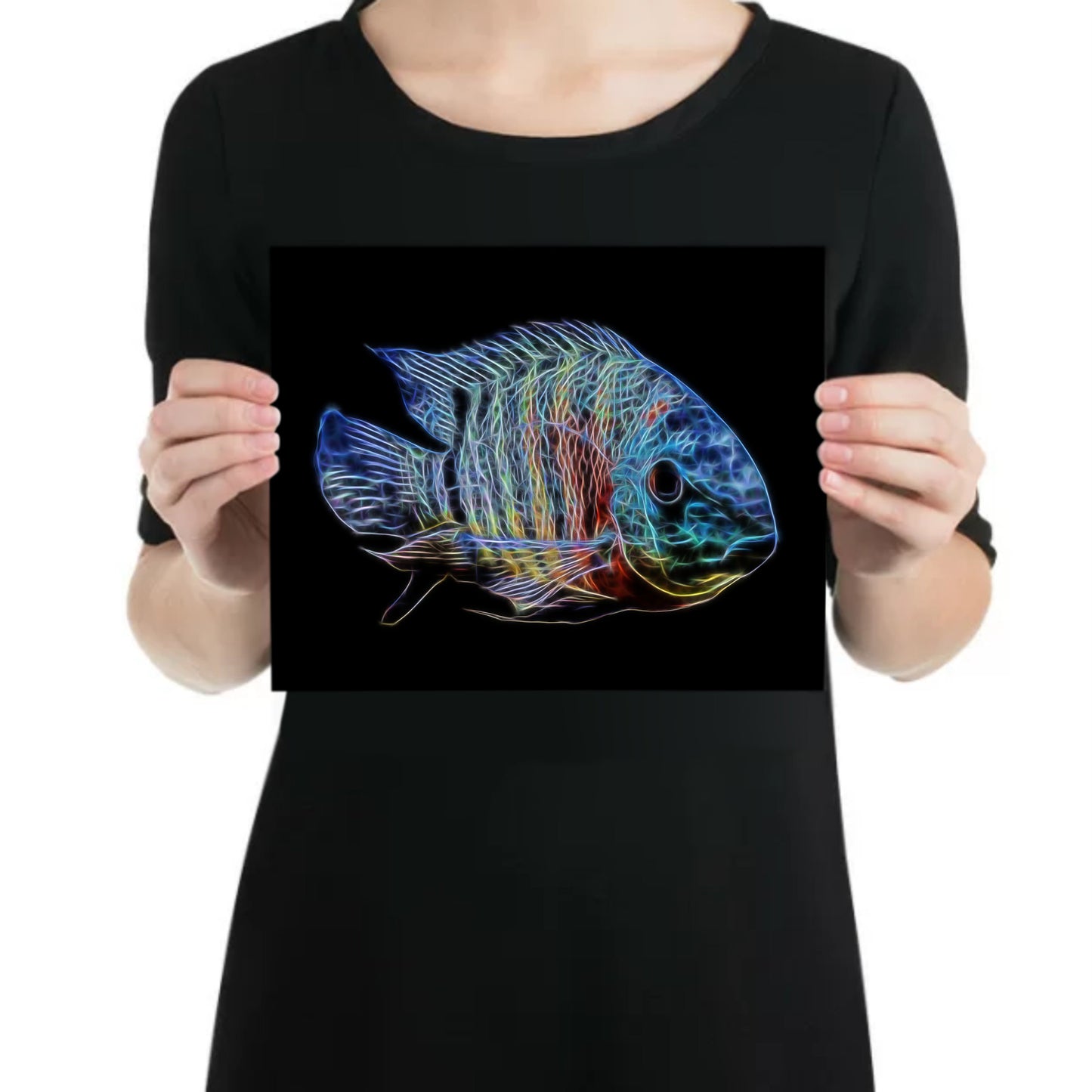 Red Tiger Severum Cichlid Aluminium Metal Wall Plaque with Stunning Fractal Art Design.