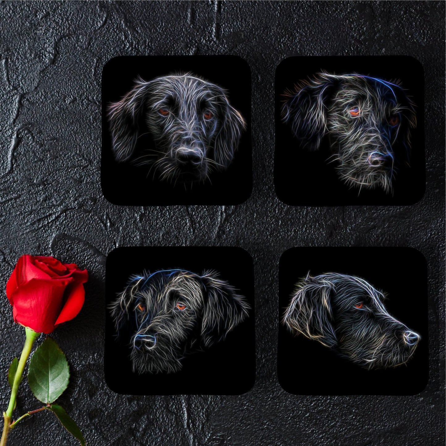 Flat Coated Retriever Coasters, Set of 4, with Stunning Fractal Art Design, Perfect Dog Owner Gift