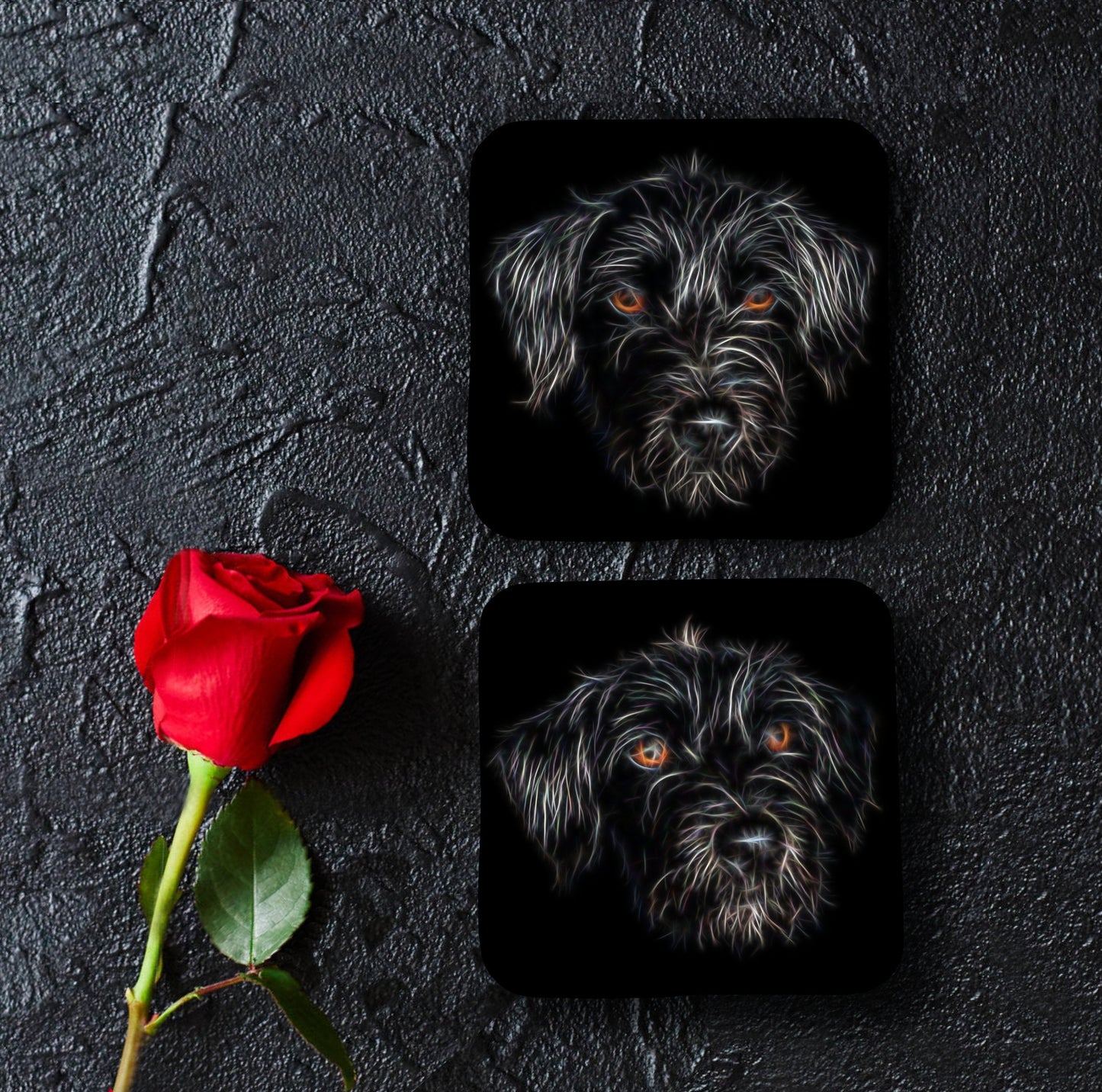 Black Jackapoo Coasters, Set of 2, with Stunning Fractal Art Design.