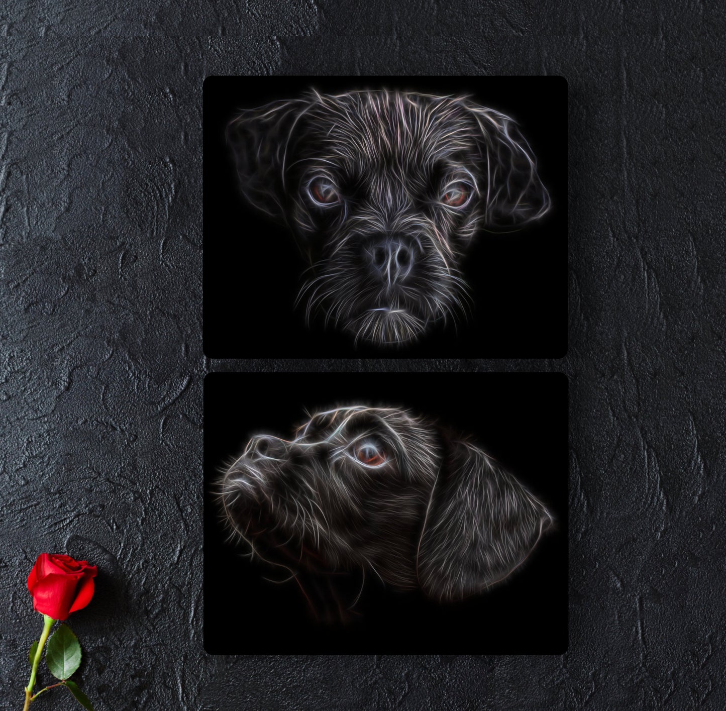 Black Puggle Dog Metal Wall Plaque with Fractal Art Design.