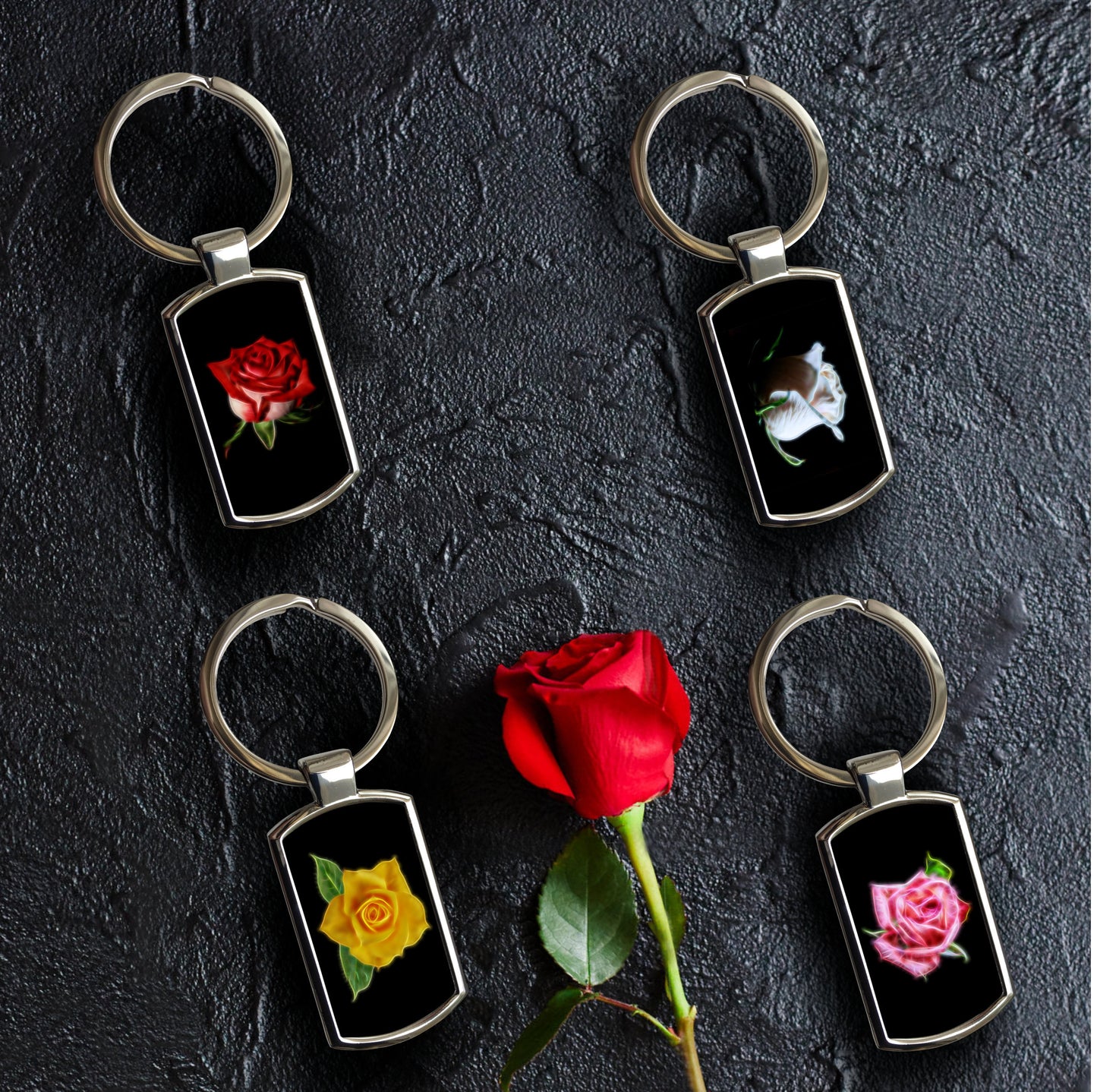 Rose Metal Rectangle Keyring. Choice of Red, White, Yellow or Pink