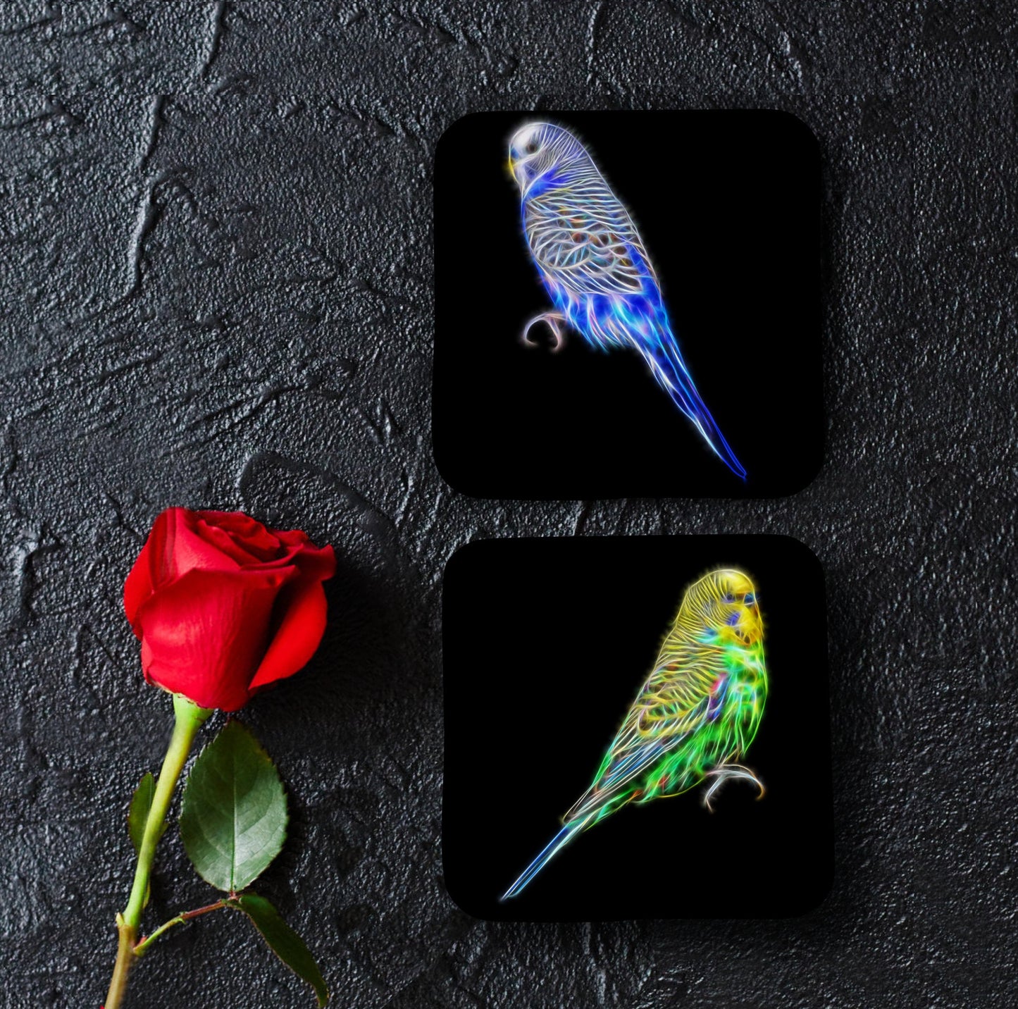 Budgie Coasters, Set of 2, with Stunning Fractal Art Design. Blue and Green Budgerigars