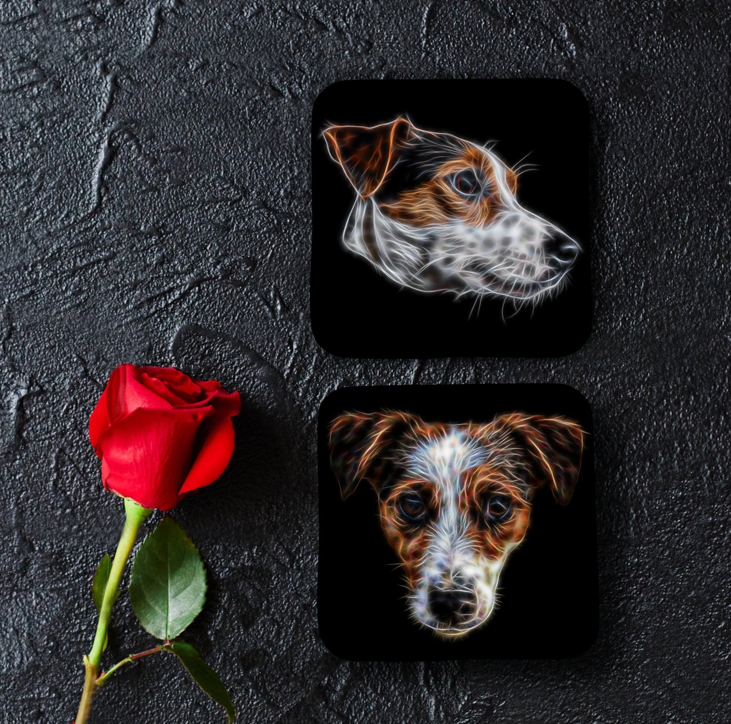 Jack Russell Coasters, Set of 2, with Stunning Fractal Art Design.