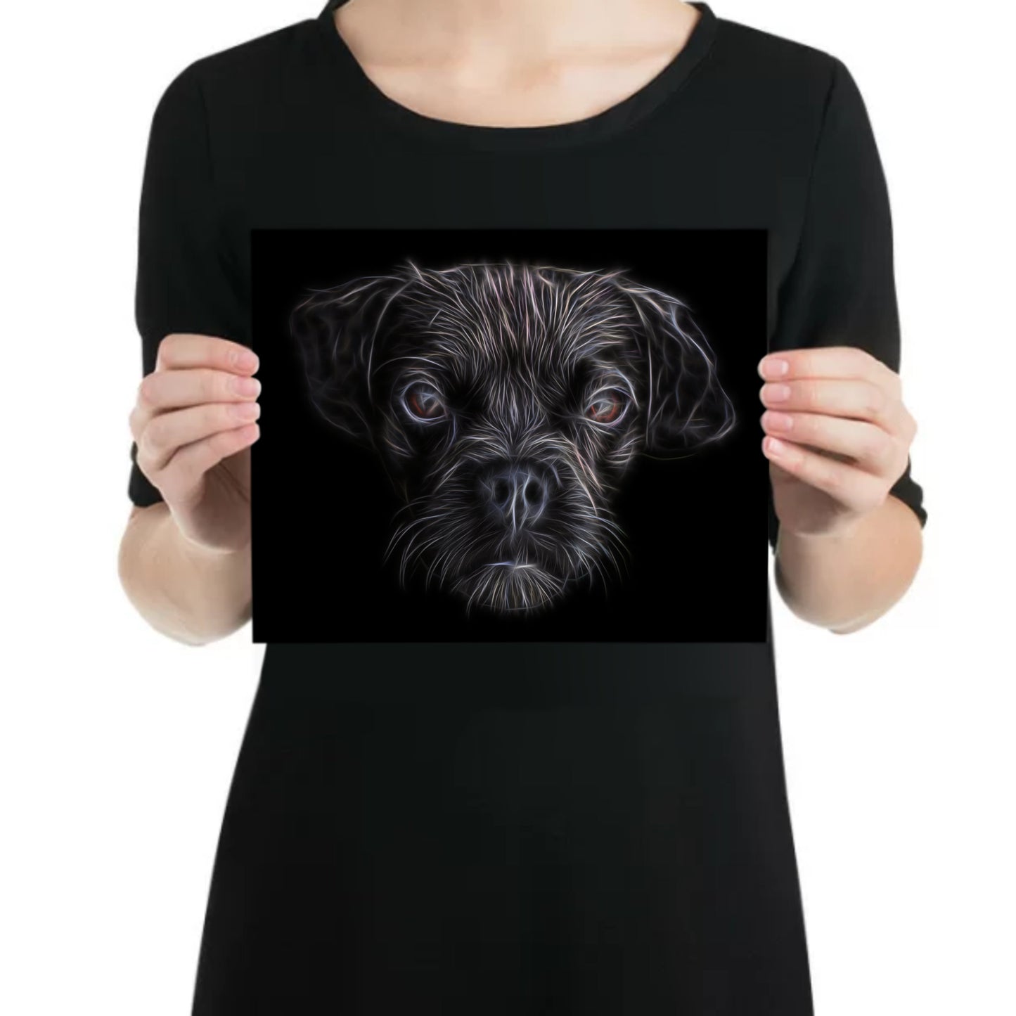 Black Puggle Dog Metal Wall Plaque with Fractal Art Design.