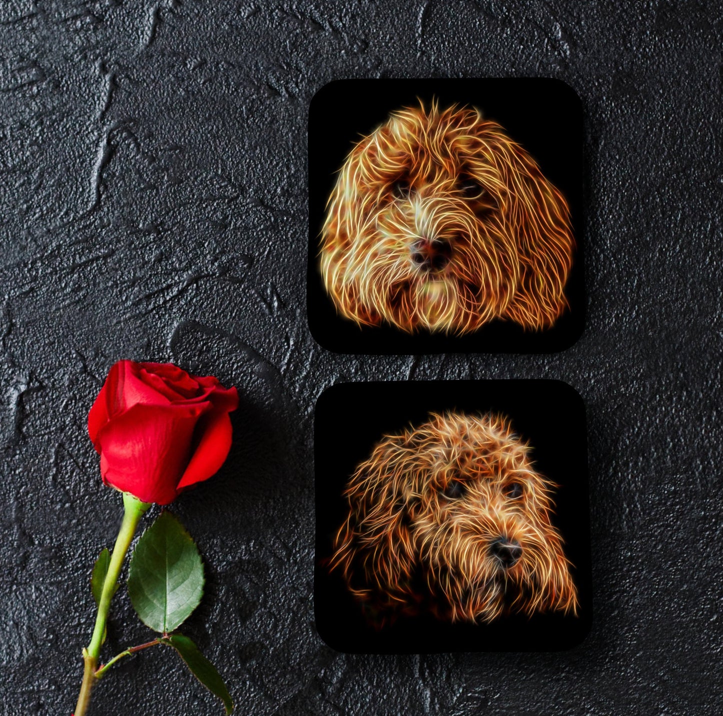 Red Cockapoo Coasters, Set of 2, with Stunning Fractal Art Design.