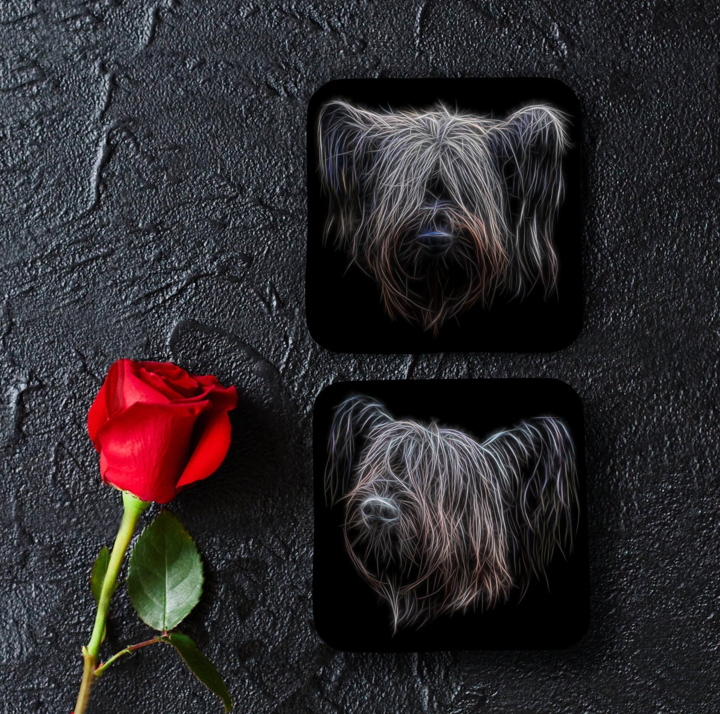 Skye Terrier Coasters, Set of 2, with Stunning Fractal Art Design.