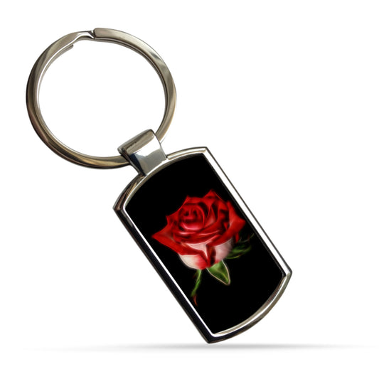 Rose Metal Rectangle Keyring. Choice of Red, White, Yellow or Pink