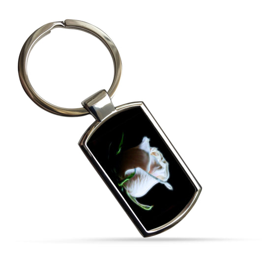 Rose Metal Rectangle Keyring. Choice of Red, White, Yellow or Pink