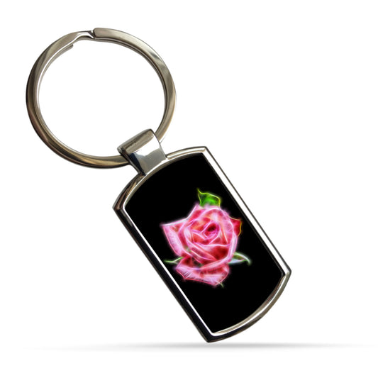 Rose Metal Rectangle Keyring. Choice of Red, White, Yellow or Pink