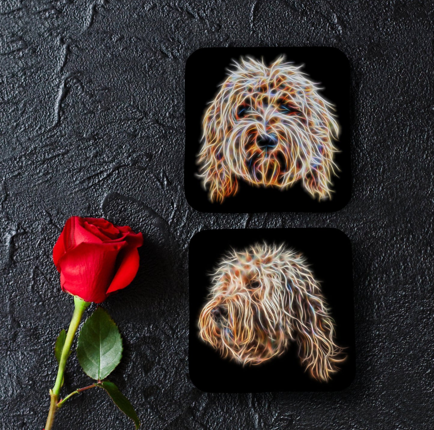 Gold Labradoodle Coasters, Set of 2, with Stunning Fractal Art Design