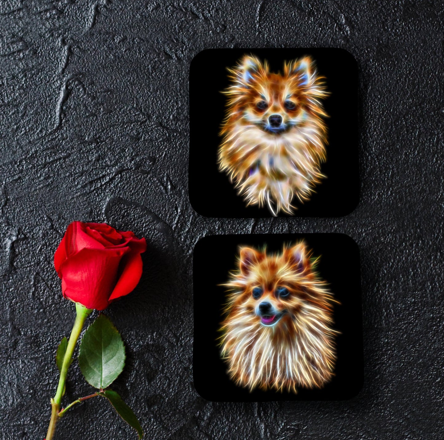 Pomeranian Dog Coasters, Set of 2, with Stunning Fractal Art Design.