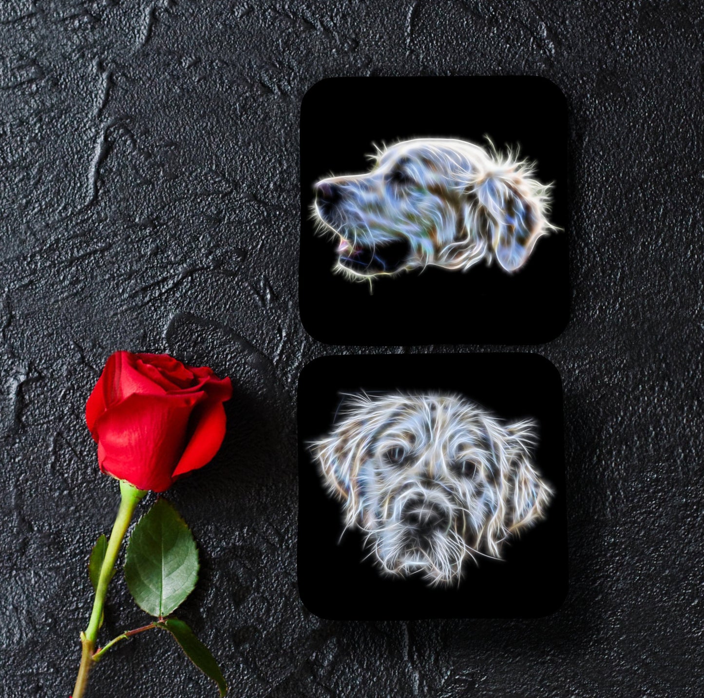 Golden Retriever Dog Coasters, Set of 2, with Stunning Fractal Art Design. Light Cream Golden Retriever