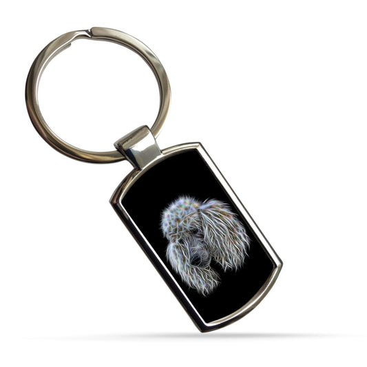 White Standard Poodle Keychain with Fractal Art Design.