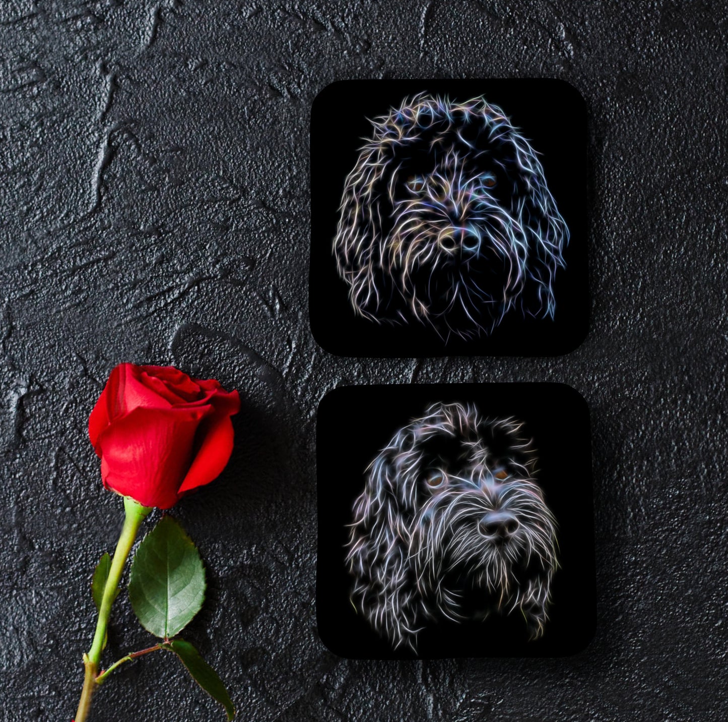 Black Cockapoo Coasters, Set of 2, with Stunning Fractal Art Design.