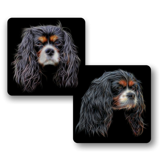 Tricolour King Charles Spaniel Coasters, Set of 2, with Fractal Art Design