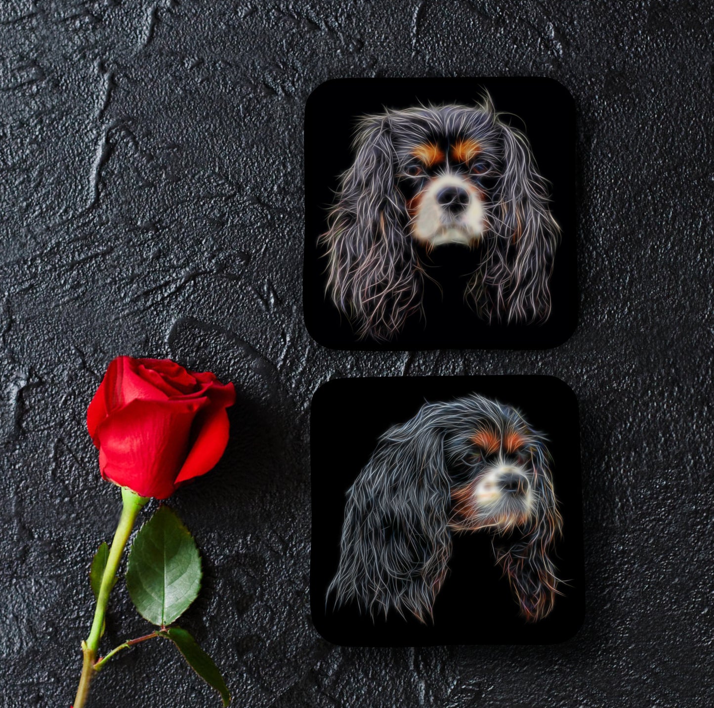 Tricolour King Charles Spaniel Coasters, Set of 2, with Fractal Art Design
