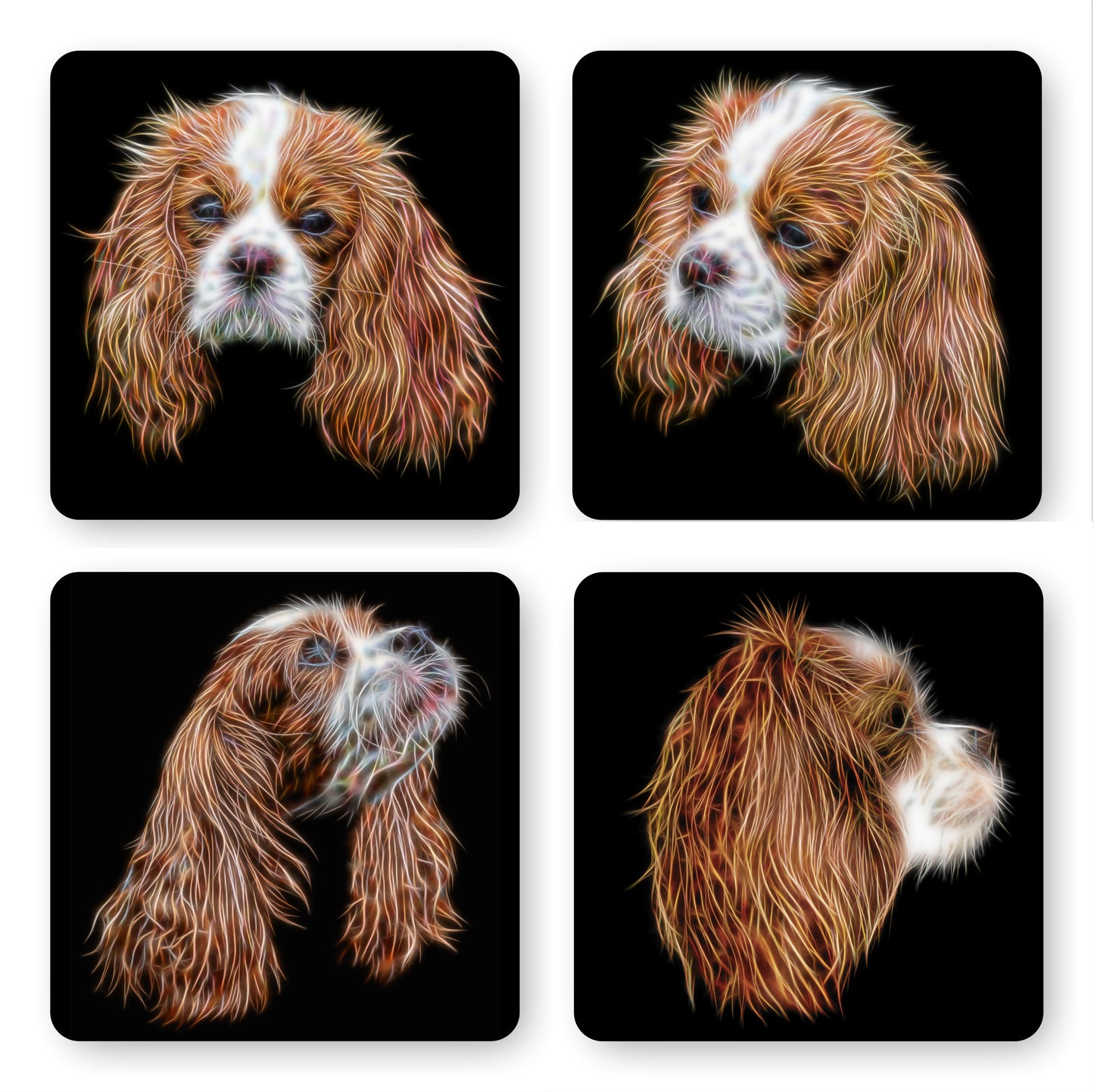Blenheim King Charles Spaniel Coasters, Set of 4, with Fractal Art Design