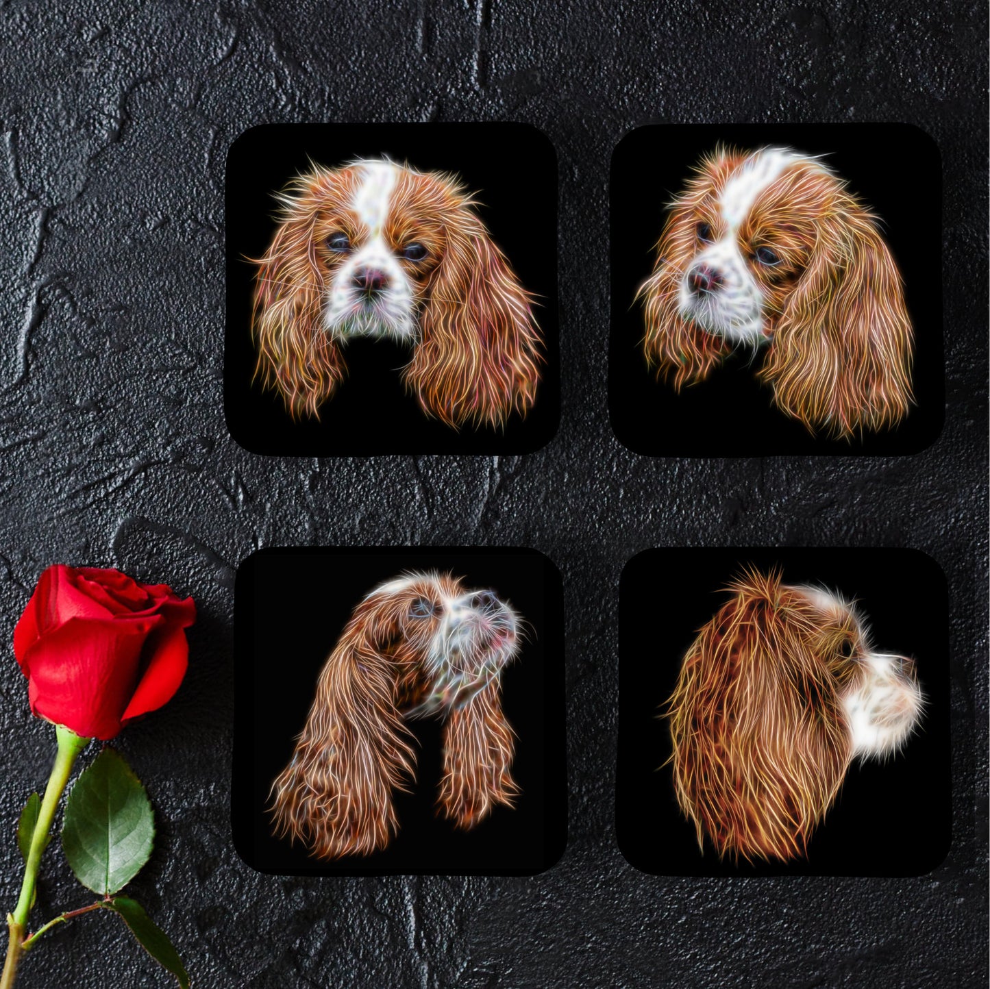 Blenheim King Charles Spaniel Coasters, Set of 4, with Fractal Art Design
